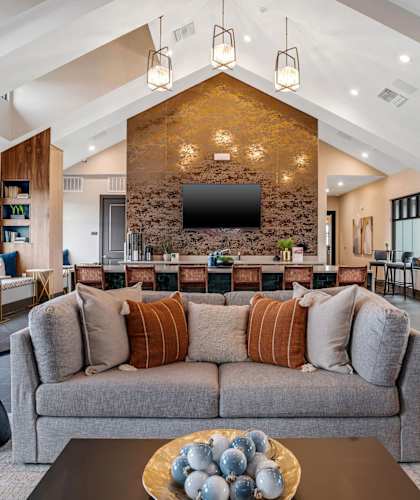 A modern living room with a grey couch and a stone backdrop.