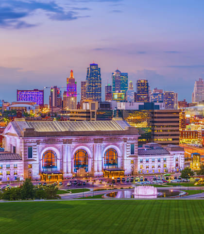 an aerial view of the city at night