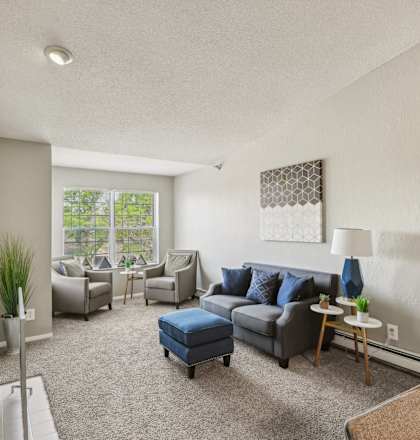 A living room with a grey couch and a blue ottoman.