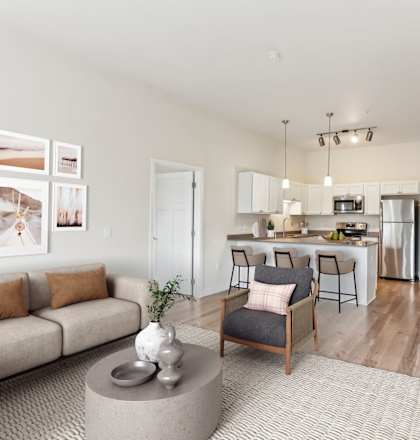 A modern living room with a grey sofa, a grey coffee table, and a grey rug.