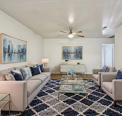 Living room with ceiling fan at Connect on University, Arizona, 85203