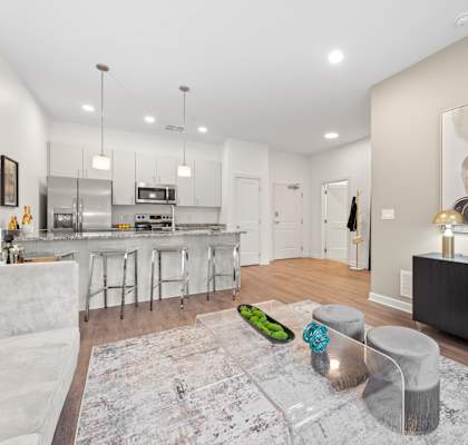 A modern kitchen with a white sofa and a grey rug.