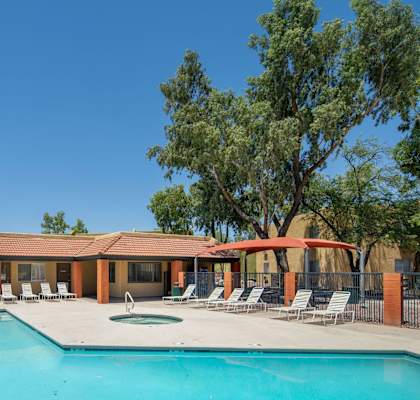 A pool with a building and palm trees in the background.