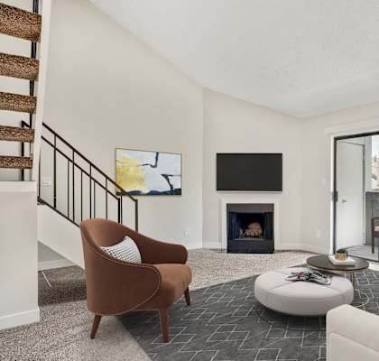 A living room with a fireplace and a television.