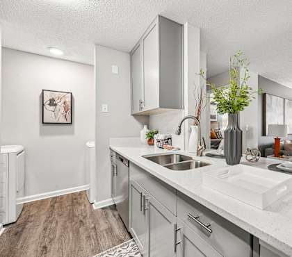 A modern kitchen with a white countertop and grey cabinets.