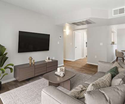 A living room with a grey couch, a coffee table, and a flat screen TV mounted on the wall.