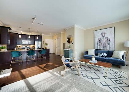 A living room with a blue couch and a rug with a geometric pattern.