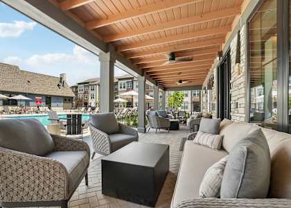 A patio with a pool and furniture.