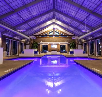 a large indoor swimming pool with a glass ceiling