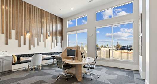 A modern office with a wooden panelled wall and a view of the street outside, Ironcrest, North Richland Hills, TX, 76180