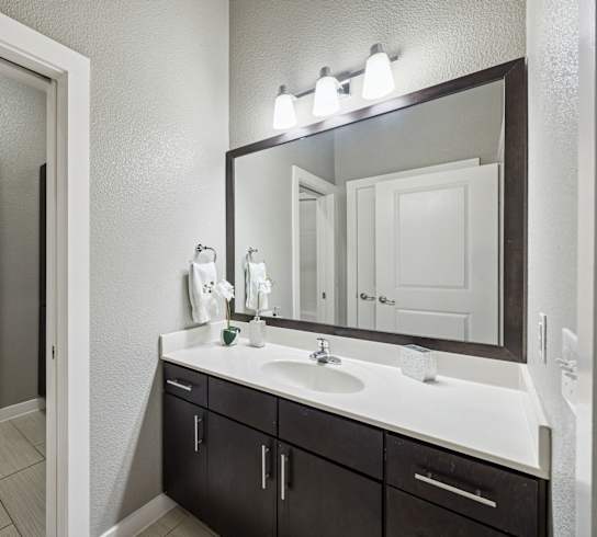 A bathroom with a white sink and a mirror above it.