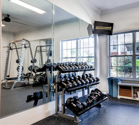 A gym with a mirror, weights, and a window.
