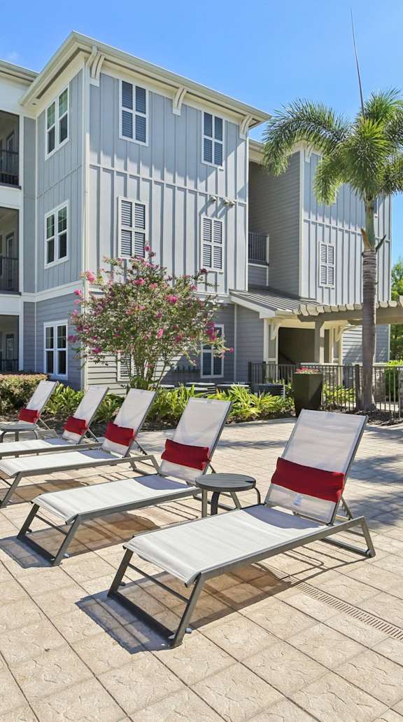 A row of sun loungers are set up on a patio in front of a building.