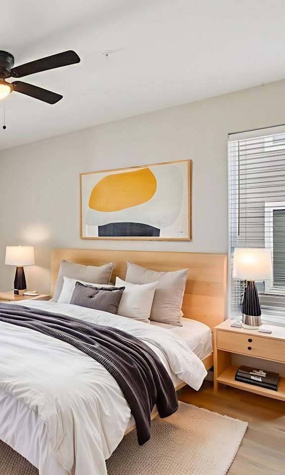 A bedroom with a large bed, a ceiling fan, and a plant on a nightstand.