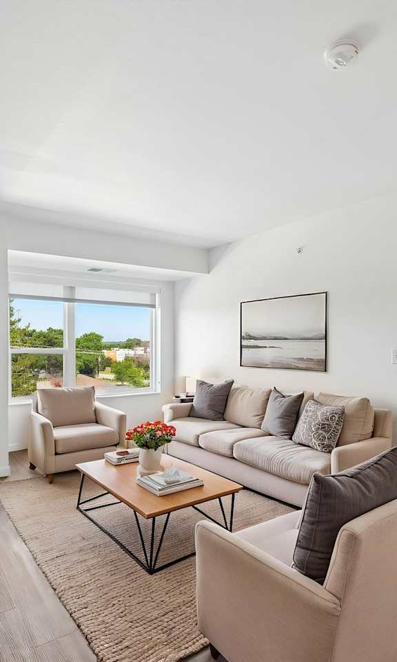 A living room with a couch, chairs, and a coffee table.