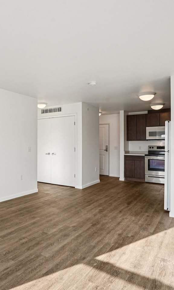 A spacious living room with a kitchen in the background.