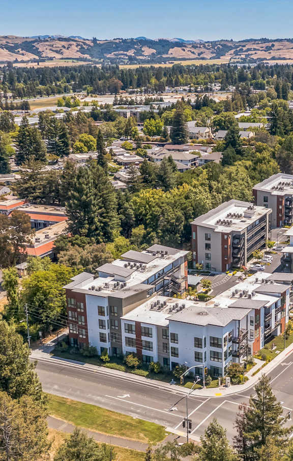 aerial view of apartment buildings