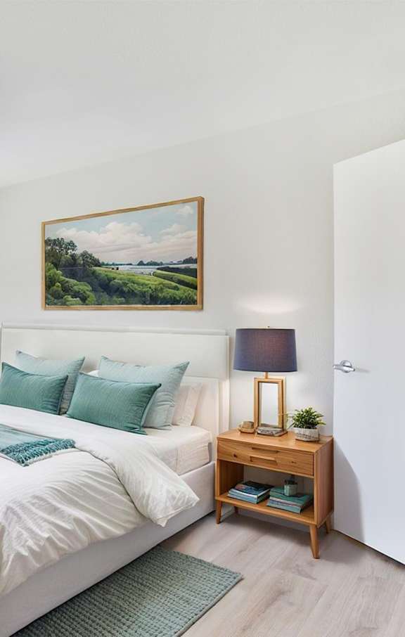 A bedroom with a large bed, a potted plant, and a painting on the wall.