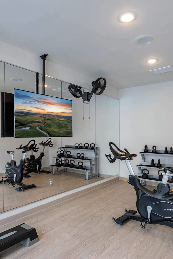 A spacious room with a mirror, exercise equipment, and a television displaying a sunset.