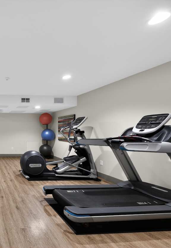 A gym with a treadmill, exercise balls, and a yoga mat.