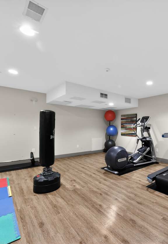 A room with a treadmill, a stationary bike, a rowing machine, and a speaker.