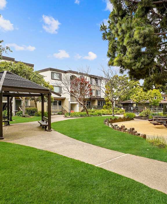 Gazebo surrounded by trees, Peninsula Pines Apartments, CA, 94080