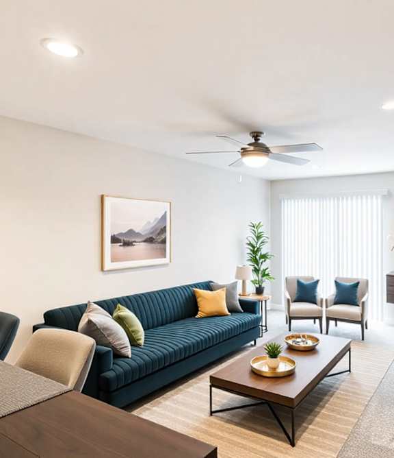 A living room with a blue couch and a wooden coffee table.