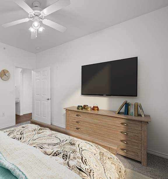 a living room and dining room with white furniture and a ceiling fan