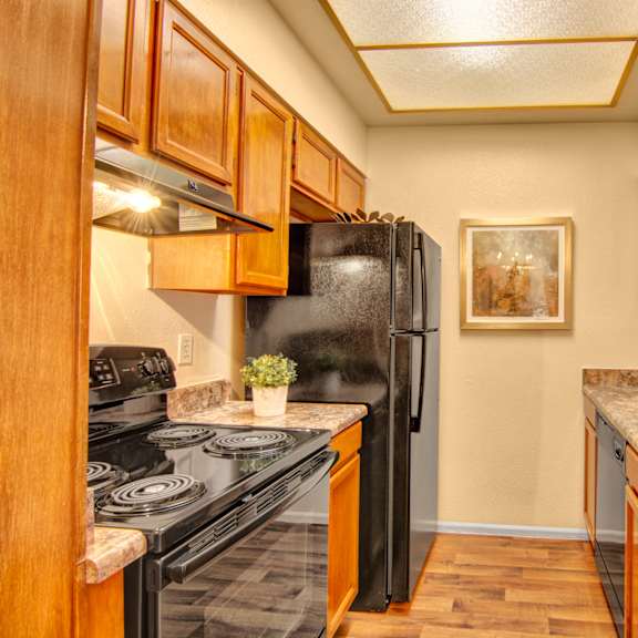 A kitchen with an oven, a refrigerator, a dishwasher, and a sink at Atrium Court.