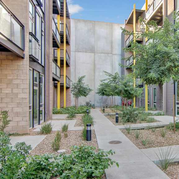 A courtyard with trees, a walkway, and entrances to the first-floor apartments at the Trend at 51 Apartment Homes. 