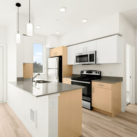 a kitchen with a large island and a window at The Duo, Washington