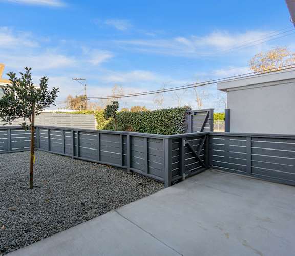 A small tree stands in a gravel area between two grey fences.