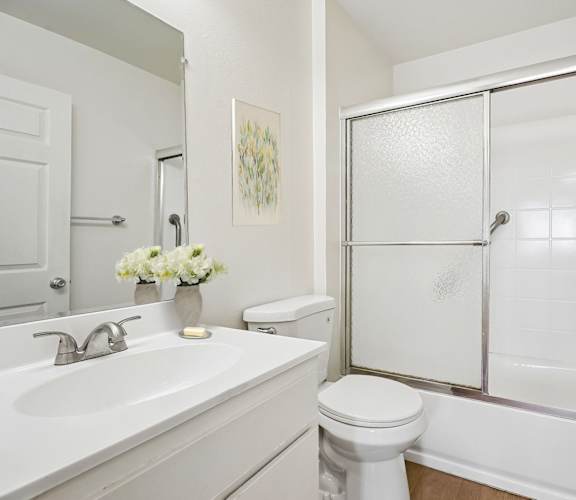 A white bathroom with a toilet, sink, and shower.