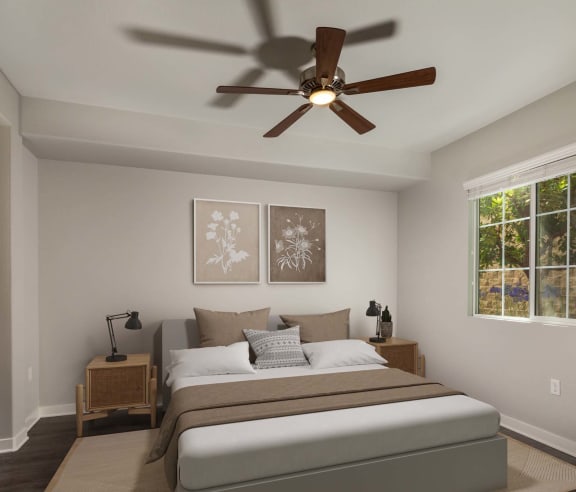 Bedroom with a large bed and a ceiling fan at Lakeview 88, Spring Valley, California