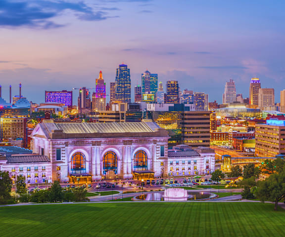 an aerial view of the city at night