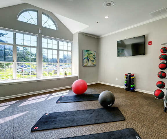A room with a black mat and a red ball on it.