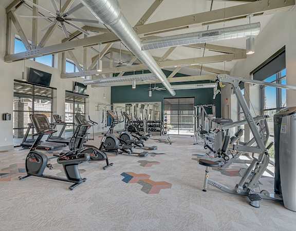 A gym with a variety of exercise equipment including treadmills, stationary bikes, and weight machines.