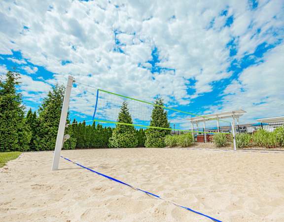a volleyball court on the sand in a park with trees