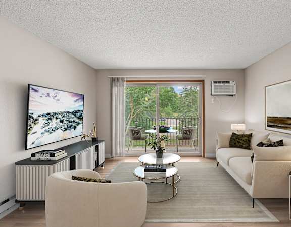 A living room with a television, sofa, and a view of trees outside.
