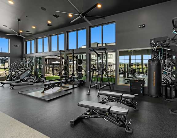 a gym with weights and a punching bag and windows
