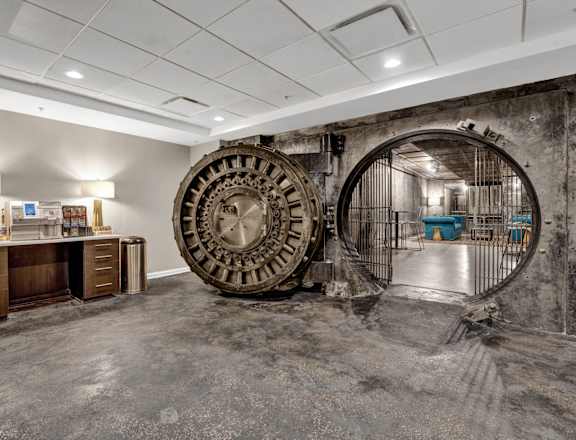 A large clock is the focal point of this room.