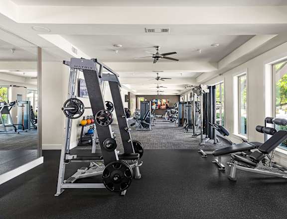 A gym with a variety of equipment including a weight bench and a rowing machine.