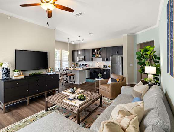 A living room with a grey couch and a black TV.