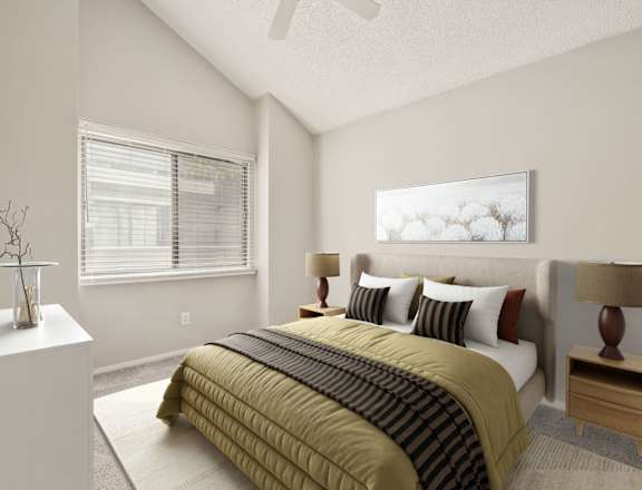 A bedroom with a bed, nightstand, and a painting on the wall.