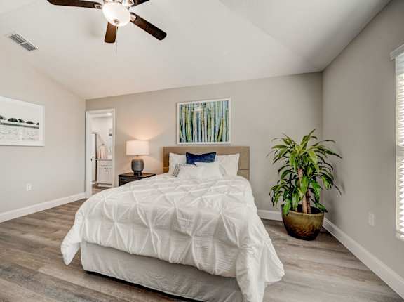 Master bedroom with a large bed, ceiling fan, painting, and indoor plant.