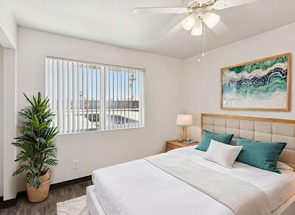 A bedroom with a large bed, a ceiling fan, and a plant.