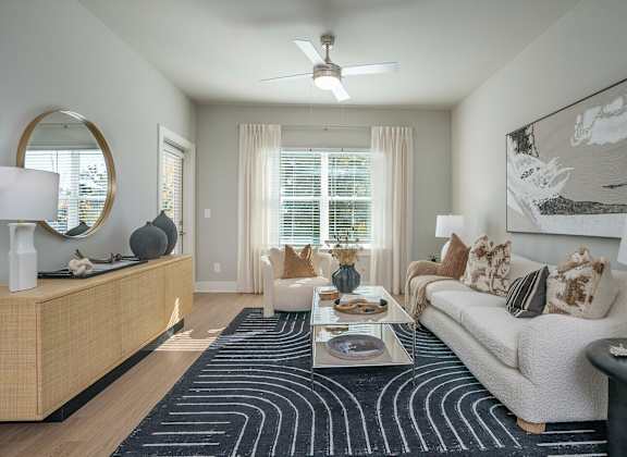 Living Area With Ceiling Fan at The Delaney at East Park Apartments, Kennesaw, 30144