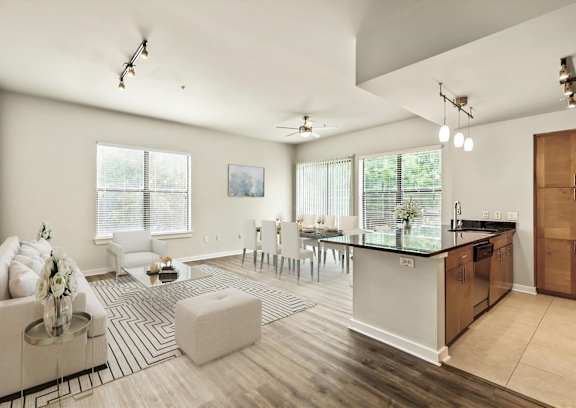 a living room with a dining room table and chairs and a kitchen in the background