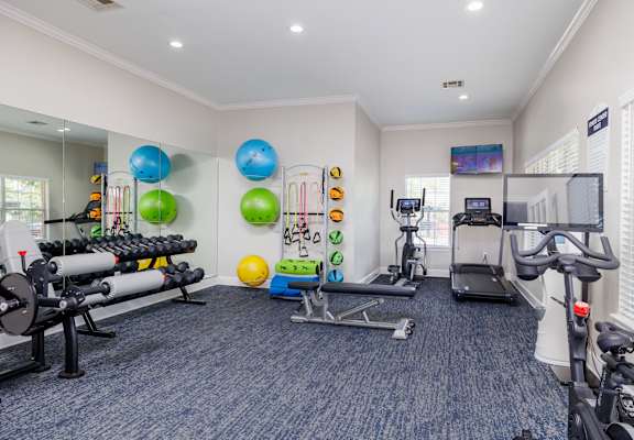 a workout room at the enclave at woodbridge apartments in sugar land, tx