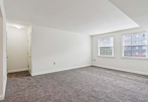 a living room with carpet and two windows